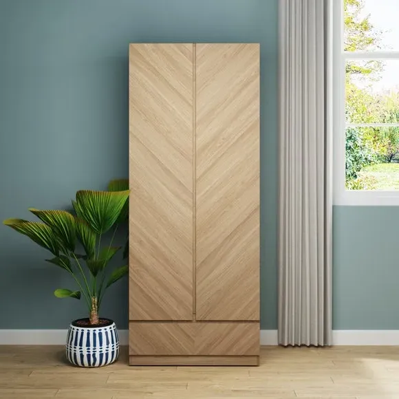 Double Wardrobe with Drawer - Oak, Wood Effect