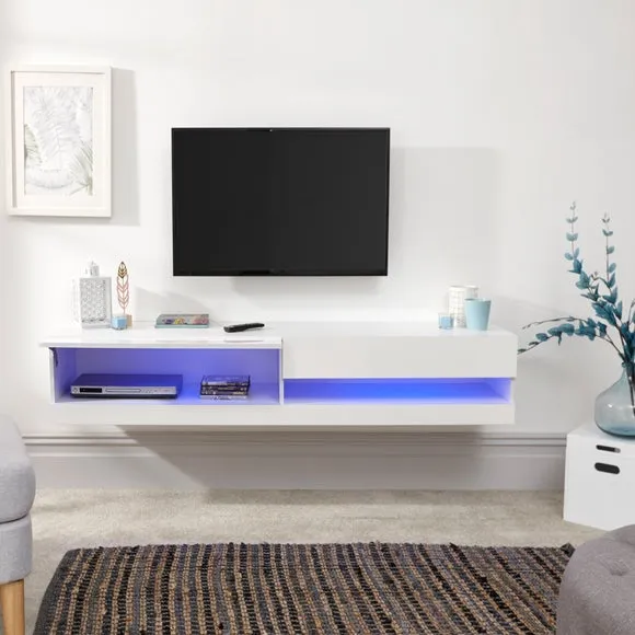 Extra Wide Floating TV Unit with LED - White