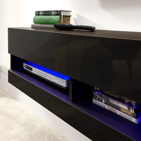 Floating Wall TV Unit with LED - Black, Gloss