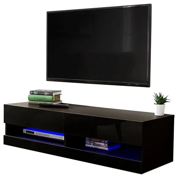 Floating Wall TV Unit with LED - Black, Gloss