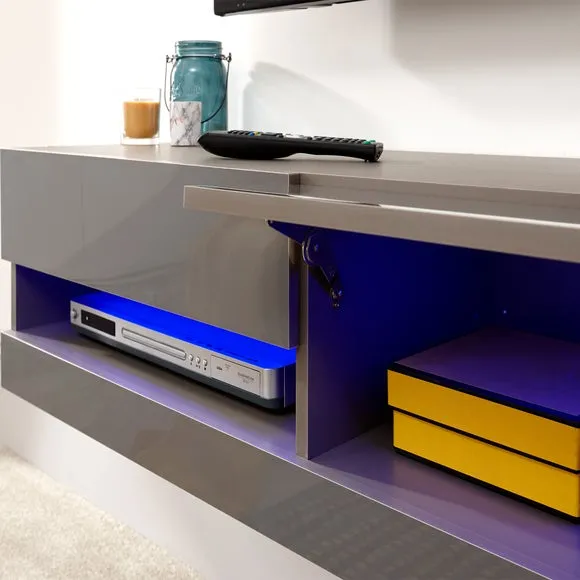 Floating Wall TV Unit with LED - Grey, Gloss