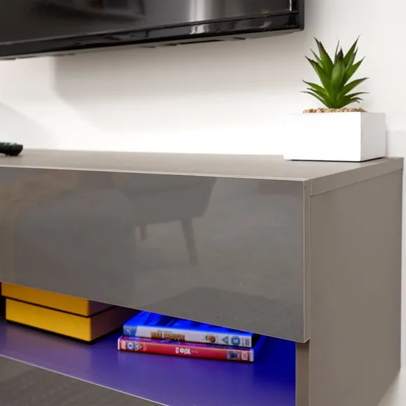 Floating Wall TV Unit with LED - Grey, Gloss