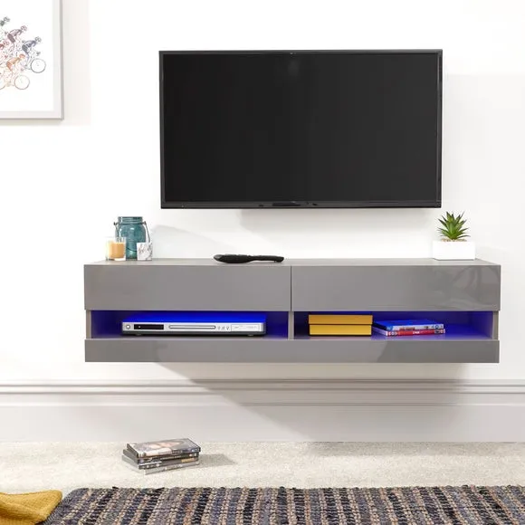 Floating Wall TV Unit with LED - Grey, Gloss