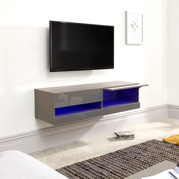 Floating Wall TV Unit with LED - Grey, Gloss