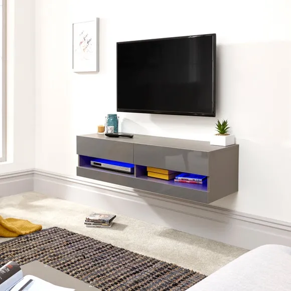 Floating Wall TV Unit with LED - Grey, Gloss