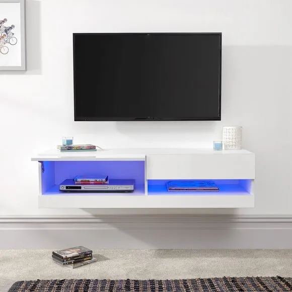 Floating Wall TV Unit with LED - White, Gloss
