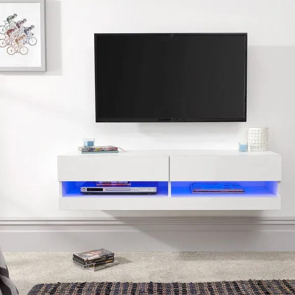 Floating Wall TV Unit with LED - White, Gloss