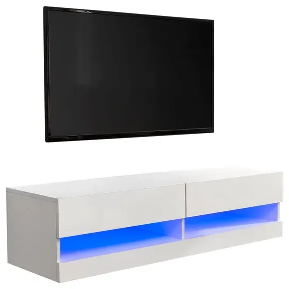 Floating Wall TV Unit with LED - White, Gloss