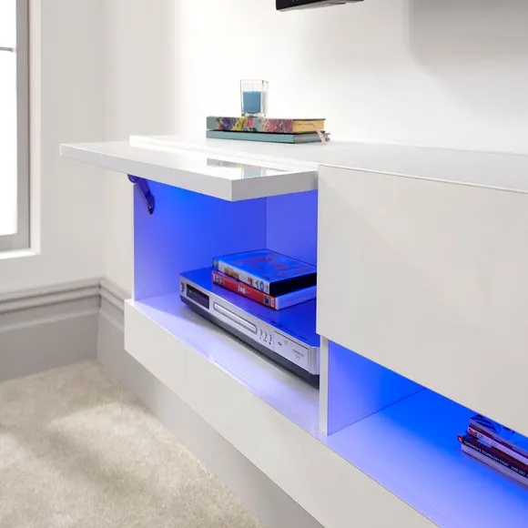 Floating Wall TV Unit with LED - White, Gloss