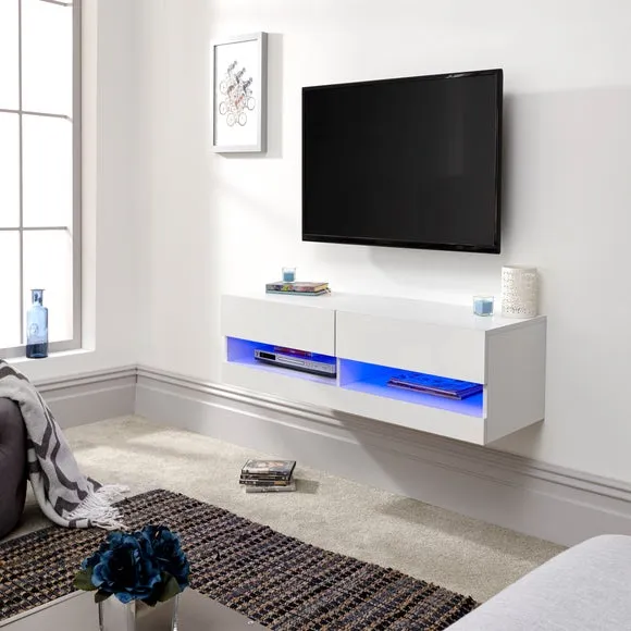 Floating Wall TV Unit with LED - White, Gloss