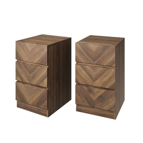 Set of 2 Bedside Tables with 3 Drawers - Walnut