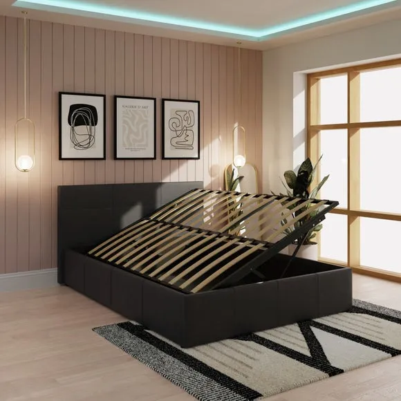Side Lift Ottoman Bed - Black, Faux Leather