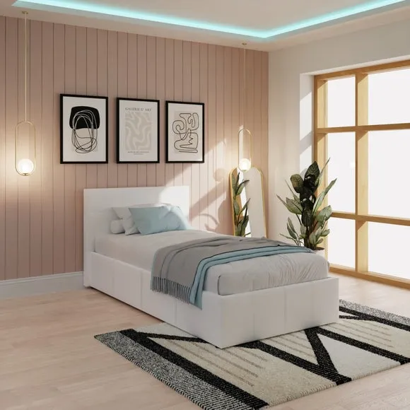Side Lift Ottoman Bed - White, Faux Leather