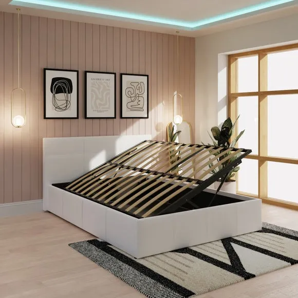 Side Lift Ottoman Bed - White, Faux Leather