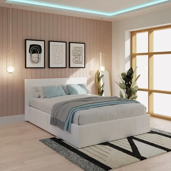 Side Lift Ottoman Bed - White, Faux Leather