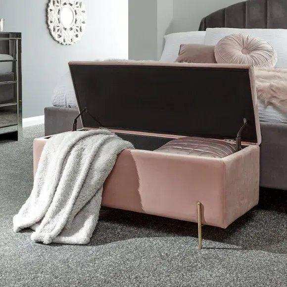 Storage Ottoman Bench with Twin Lids - Blush, Velour
