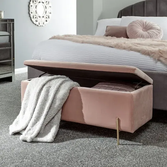 Storage Ottoman Bench with Twin Lids - Blush, Velour