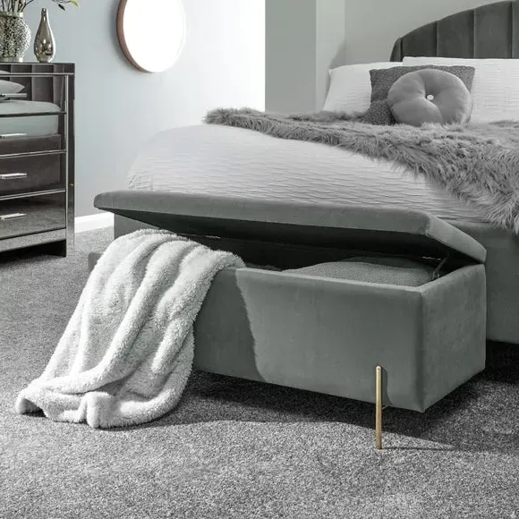 Storage Ottoman Bench with Twin Lids - Grey, Velour