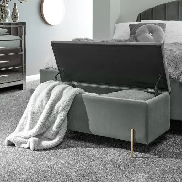 Storage Ottoman Bench with Twin Lids - Grey, Velour