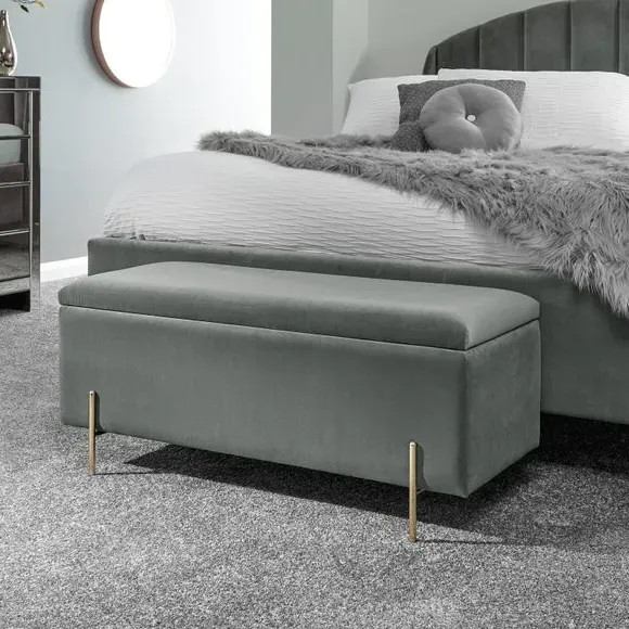 Storage Ottoman Bench with Twin Lids - Grey, Velour
