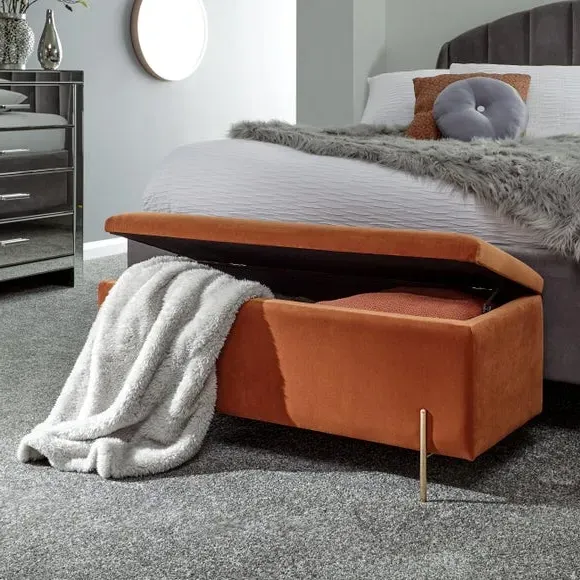 Storage Ottoman Bench with Twin Lids - Rust, Velour