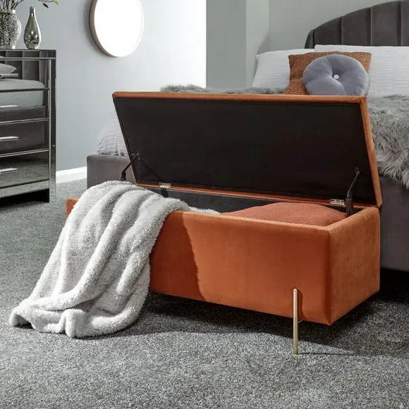 Storage Ottoman Bench with Twin Lids - Rust, Velour