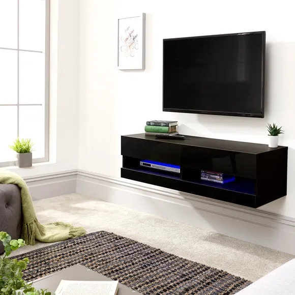 Wall-Mounted TV Unit with Shelving - Black