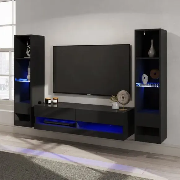 Wall-Mounted TV Unit with Shelving - Black image