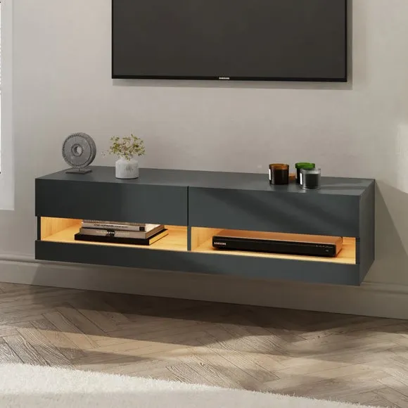 Wall-Mounted TV Unit with Shelving - Dark Grey