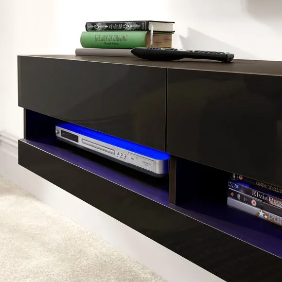 Wide Floating TV Unit with LED - Black, Gloss