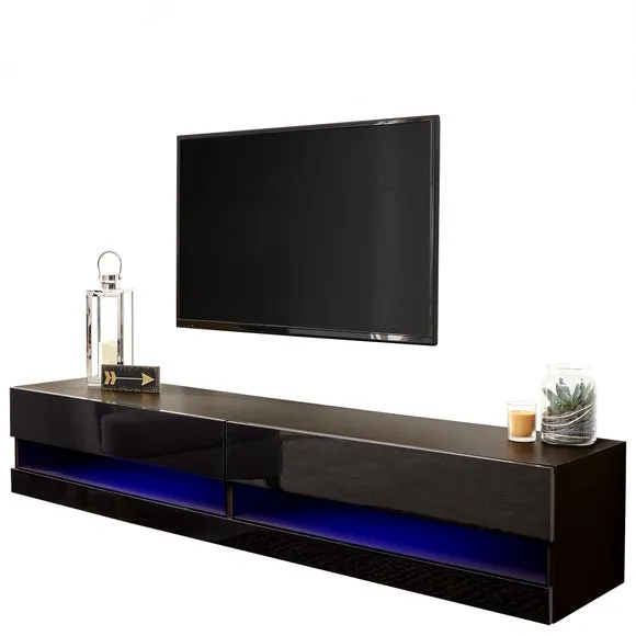 Wide Floating TV Unit with LED - Black, Gloss