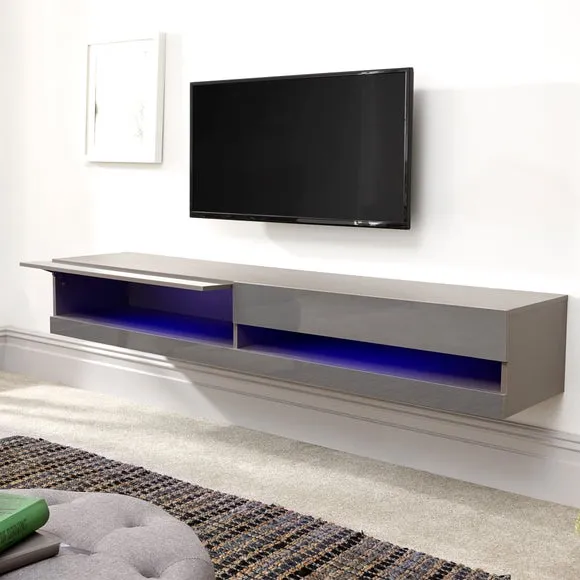 Wide Floating TV Unit with LED - Grey, Gloss