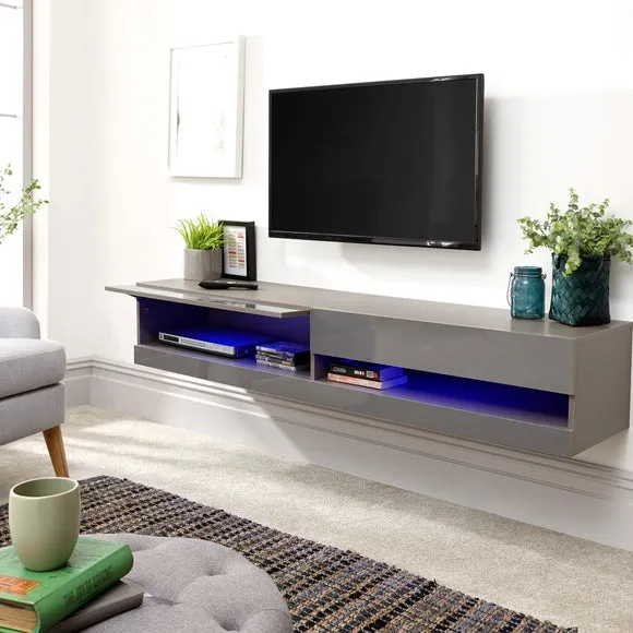 Wide Floating TV Unit with LED - Grey, Gloss