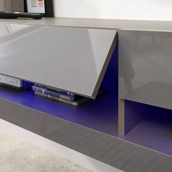 Wide Floating TV Unit with LED - Grey, Gloss