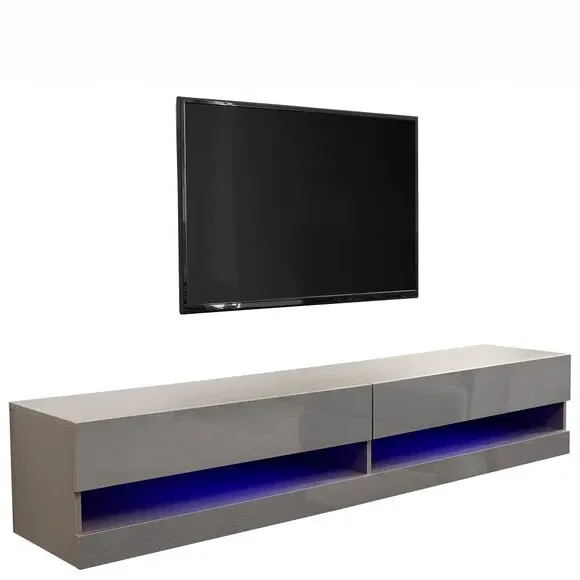 Wide Floating TV Unit with LED - Grey, Gloss