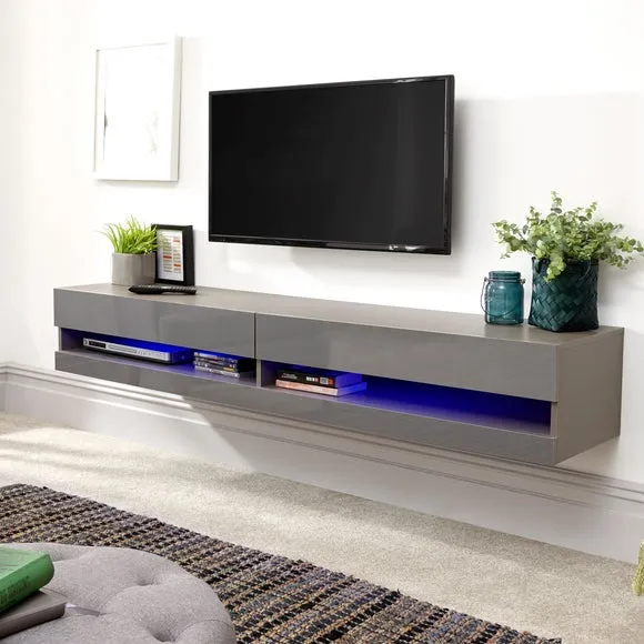 Wide Floating TV Unit with LED - Grey, Gloss