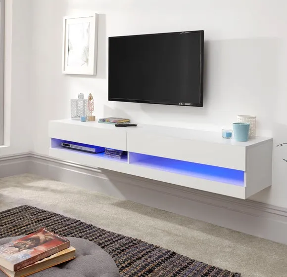 Wide Floating TV Unit with LED - White, Gloss