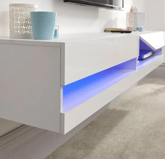 Wide Floating TV Unit with LED - White, Gloss