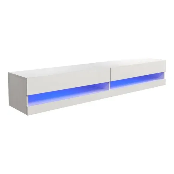 Wide Floating TV Unit with LED - White, Gloss