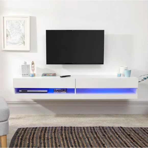 Wide Floating TV Unit with LED - White, Gloss