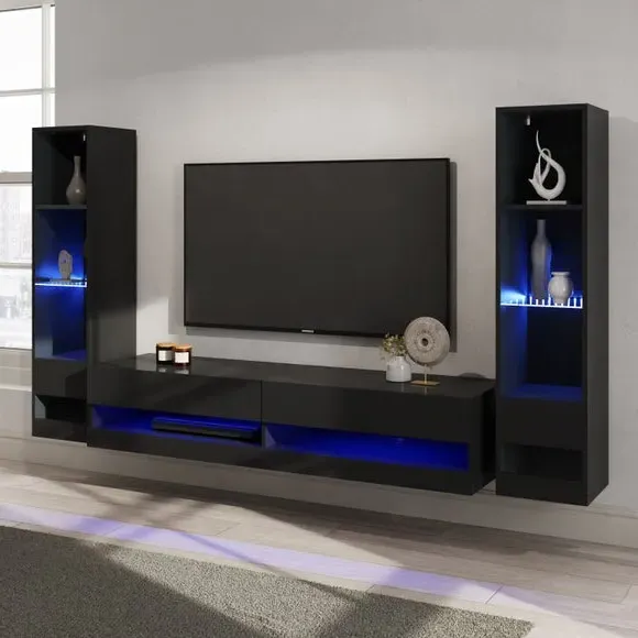 Wide TV Unit with Shelving - Black