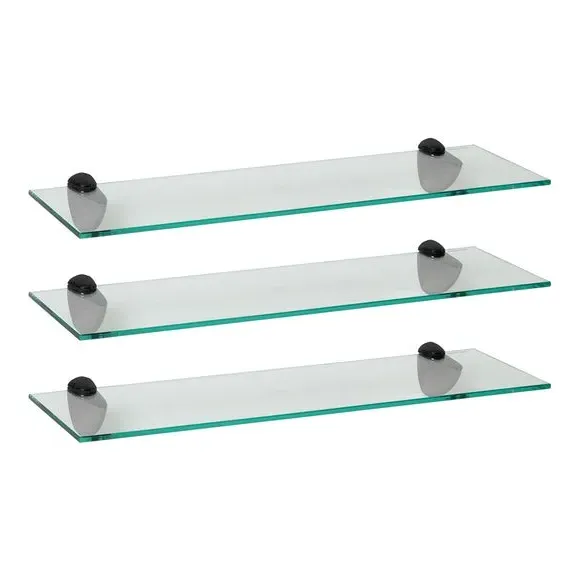 Set of 3 Glass Shelves - Black, Tempered Glass
