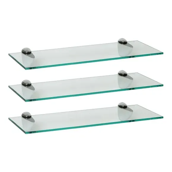 Set of 3 Glass Shelves - Chrome, Tempered Glass