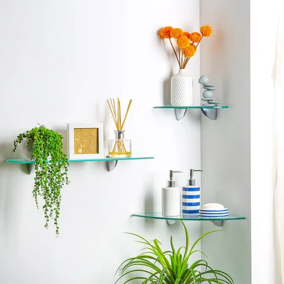 Set of 3 Glass Shelves - Chrome, Tempered Glass