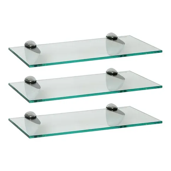 Set of 3 Glass Shelves - Chrome, Tempered Glass