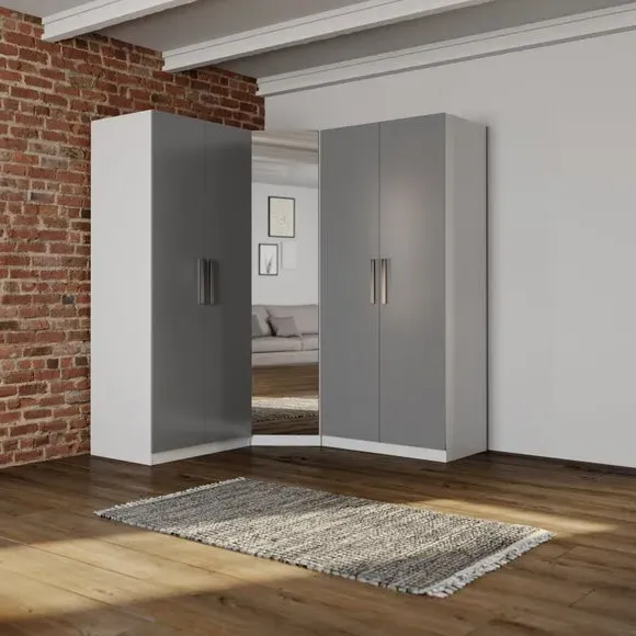 3-Piece Corner Wardrobe Set with Mirror - Grey image