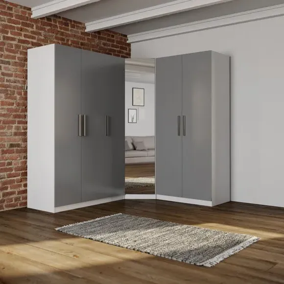 3-Piece Corner Wardrobe Set with Mirror - Grey image