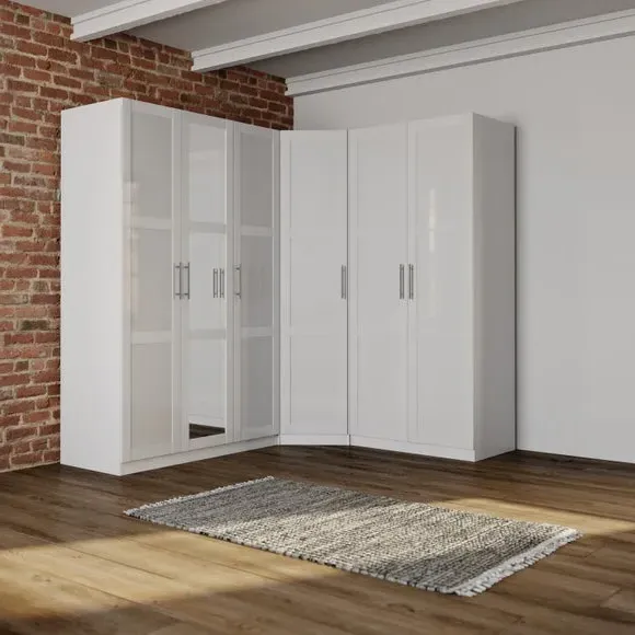 3-Piece Corner Wardrobe Set with Mirror - White image