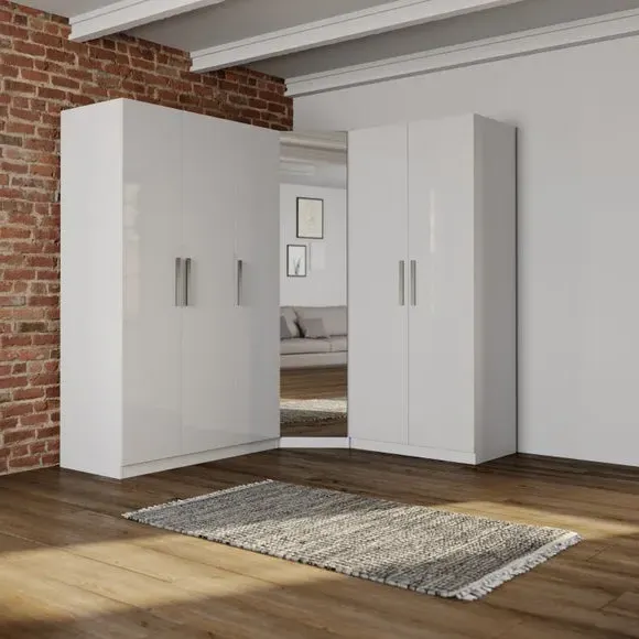 3-Piece Corner Wardrobe Set with Mirror - White