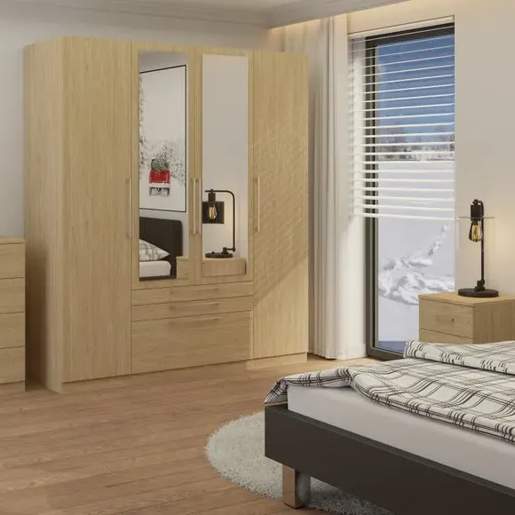 4-Door Wardrobe with 3 Drawers - Oak Effect